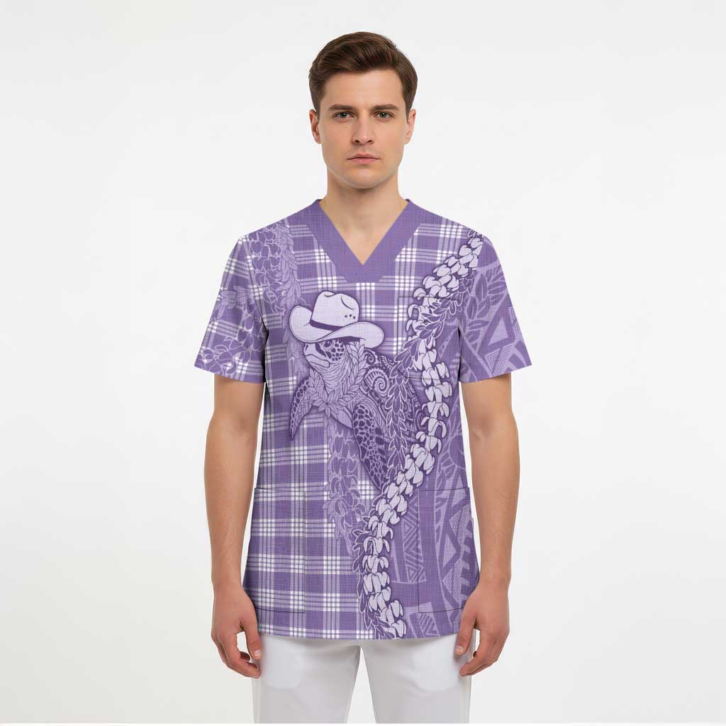 Purple Hawaii Palaka Cowboy Turtle Scrub Top Hawaiian Paniolo Puakenikeni Maile Lei - Polynesian Pride