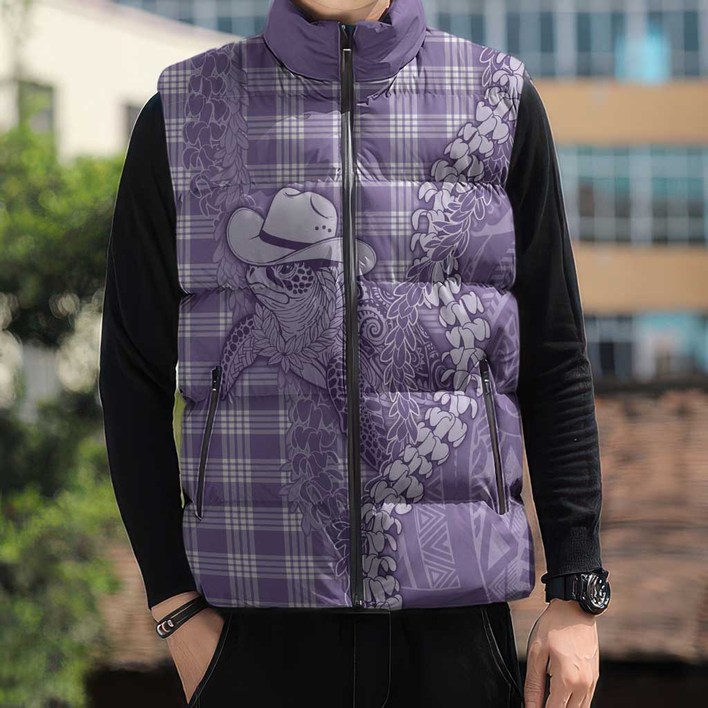 Purple Hawaii Palaka Cowboy Turtle Sleeveless Puffer Jacket Hawaiian Paniolo Puakenikeni Maile Lei - Polynesian Pride