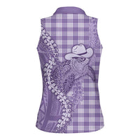 Purple Hawaii Palaka Cowboy Turtle Women Sleeveless Polo Shirt Hawaiian Paniolo Puakenikeni Maile Lei - Polynesian Pride
