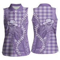 Purple Hawaii Palaka Cowboy Turtle Women Sleeveless Polo Shirt Hawaiian Paniolo Puakenikeni Maile Lei - Polynesian Pride