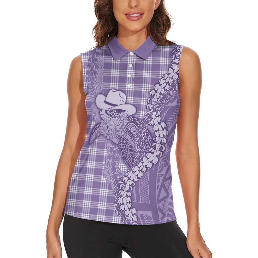 Purple Hawaii Palaka Cowboy Turtle Women Sleeveless Polo Shirt Hawaiian Paniolo Puakenikeni Maile Lei - Polynesian Pride