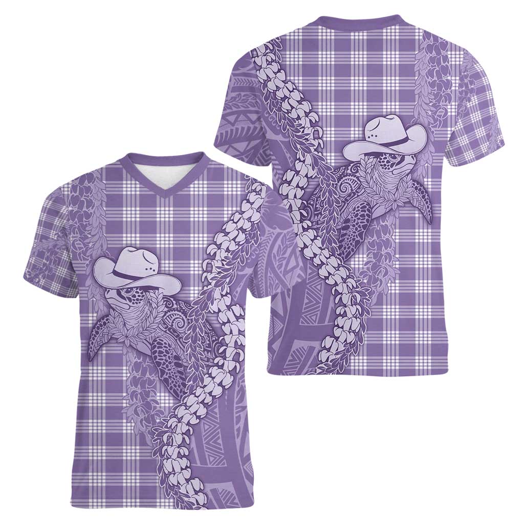Purple Hawaii Palaka Cowboy Turtle Women V-Neck T-Shirt Hawaiian Paniolo Puakenikeni Maile Lei - Polynesian Pride