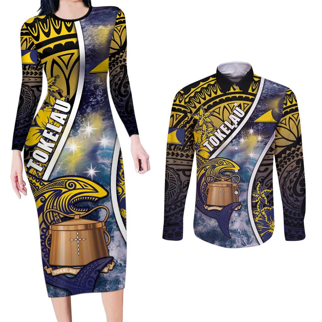 Personalised Tokelau Couples Matching Long Sleeve Bodycon Dress and Long Sleeve Button Shirt National Badge Waves Style