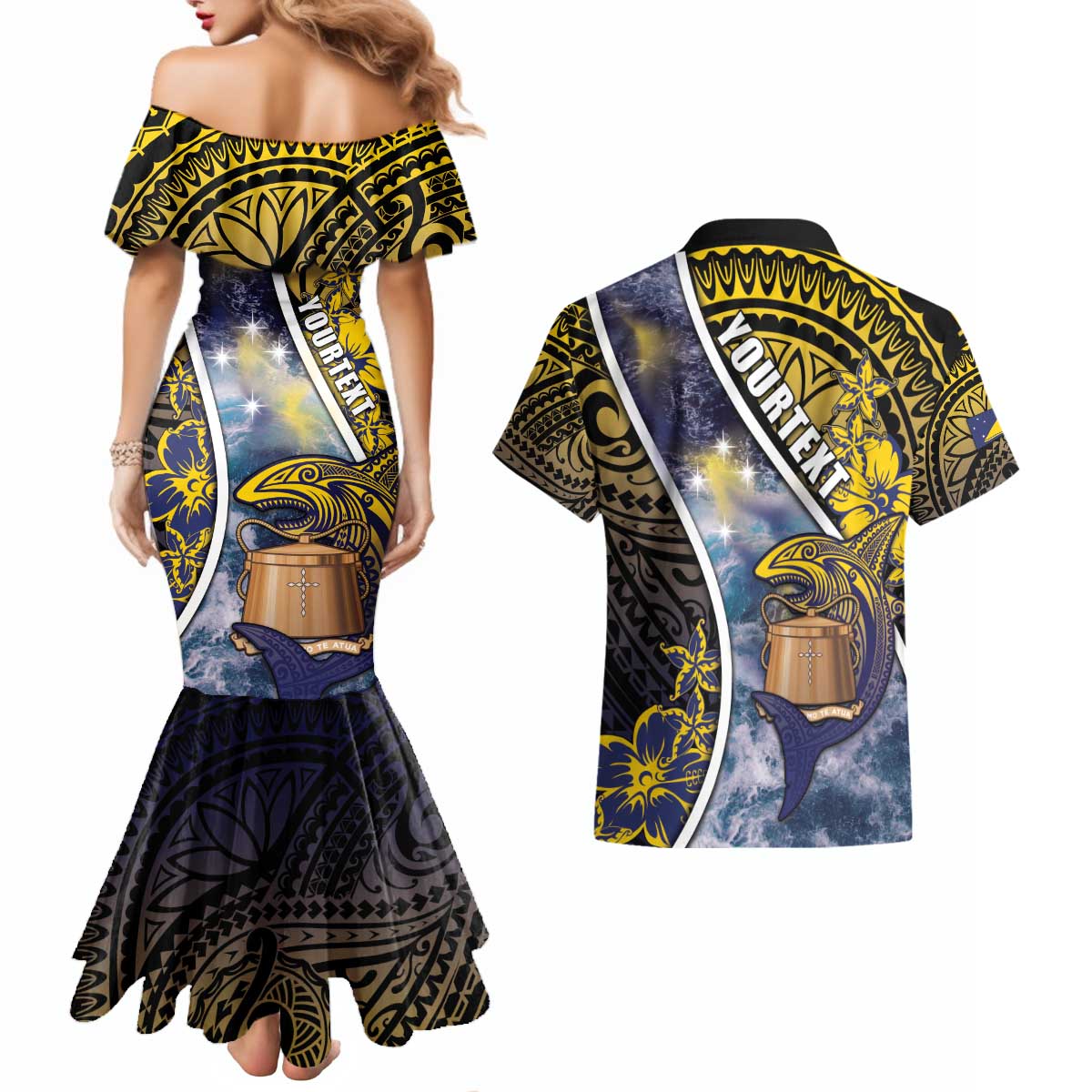 Personalised Tokelau Couples Matching Mermaid Dress and Hawaiian Shirt National Badge Waves Style