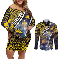 Personalised Tokelau Couples Matching Off Shoulder Short Dress and Long Sleeve Button Shirt National Badge Waves Style