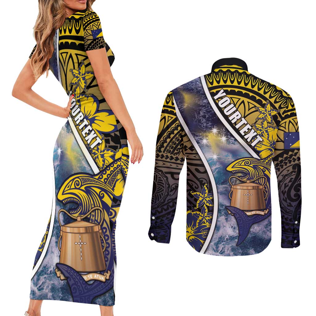 Personalised Tokelau Couples Matching Short Sleeve Bodycon Dress and Long Sleeve Button Shirt National Badge Waves Style