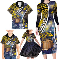 Personalised Tokelau Family Matching Long Sleeve Bodycon Dress and Hawaiian Shirt National Badge Waves Style