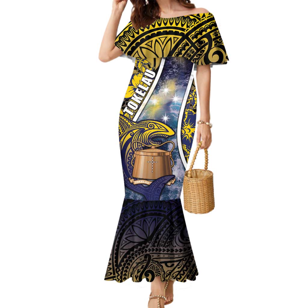 Personalised Tokelau Family Matching Mermaid Dress and Hawaiian Shirt National Badge Waves Style