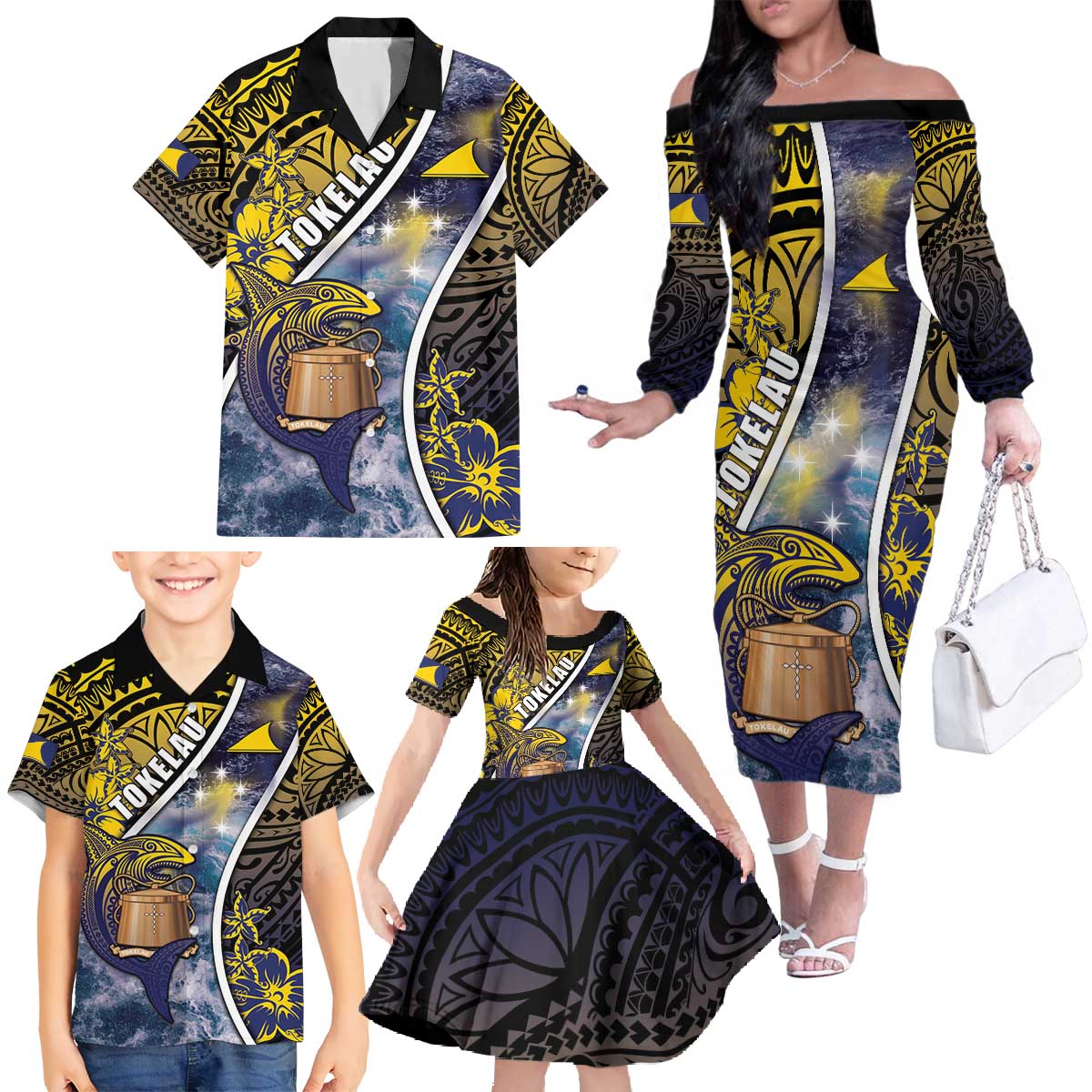 Personalised Tokelau Family Matching Off The Shoulder Long Sleeve Dress and Hawaiian Shirt National Badge Waves Style
