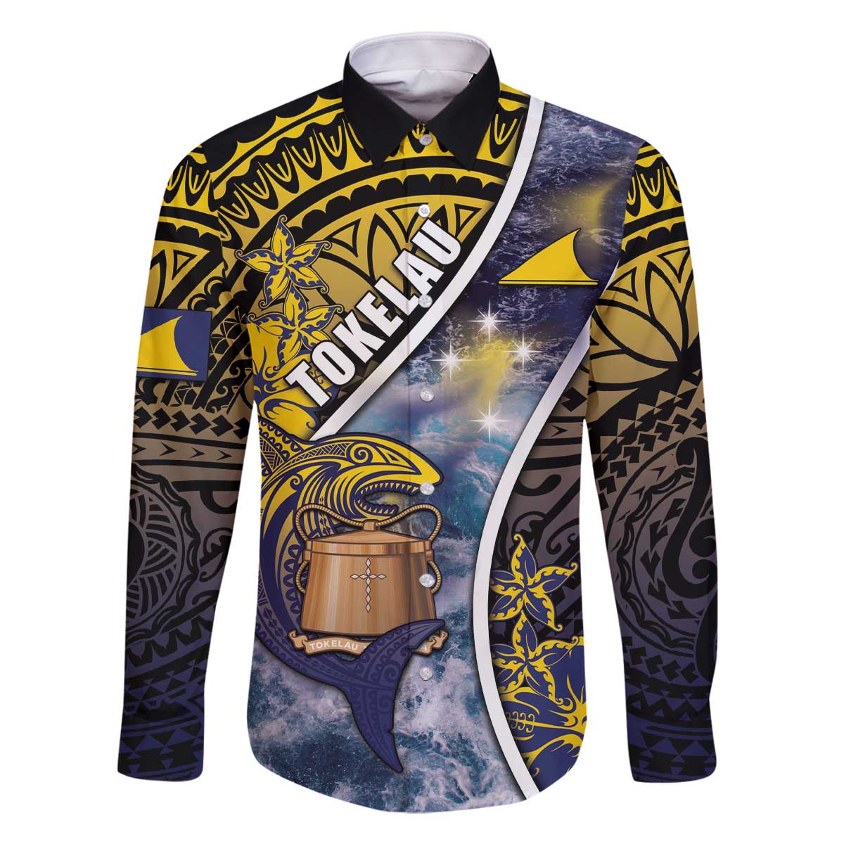 Personalised Tokelau Family Matching Off The Shoulder Long Sleeve Dress and Hawaiian Shirt National Badge Waves Style