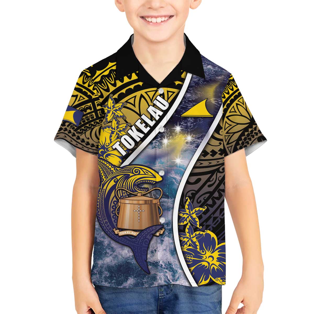 Personalised Tokelau Family Matching Off The Shoulder Long Sleeve Dress and Hawaiian Shirt National Badge Waves Style