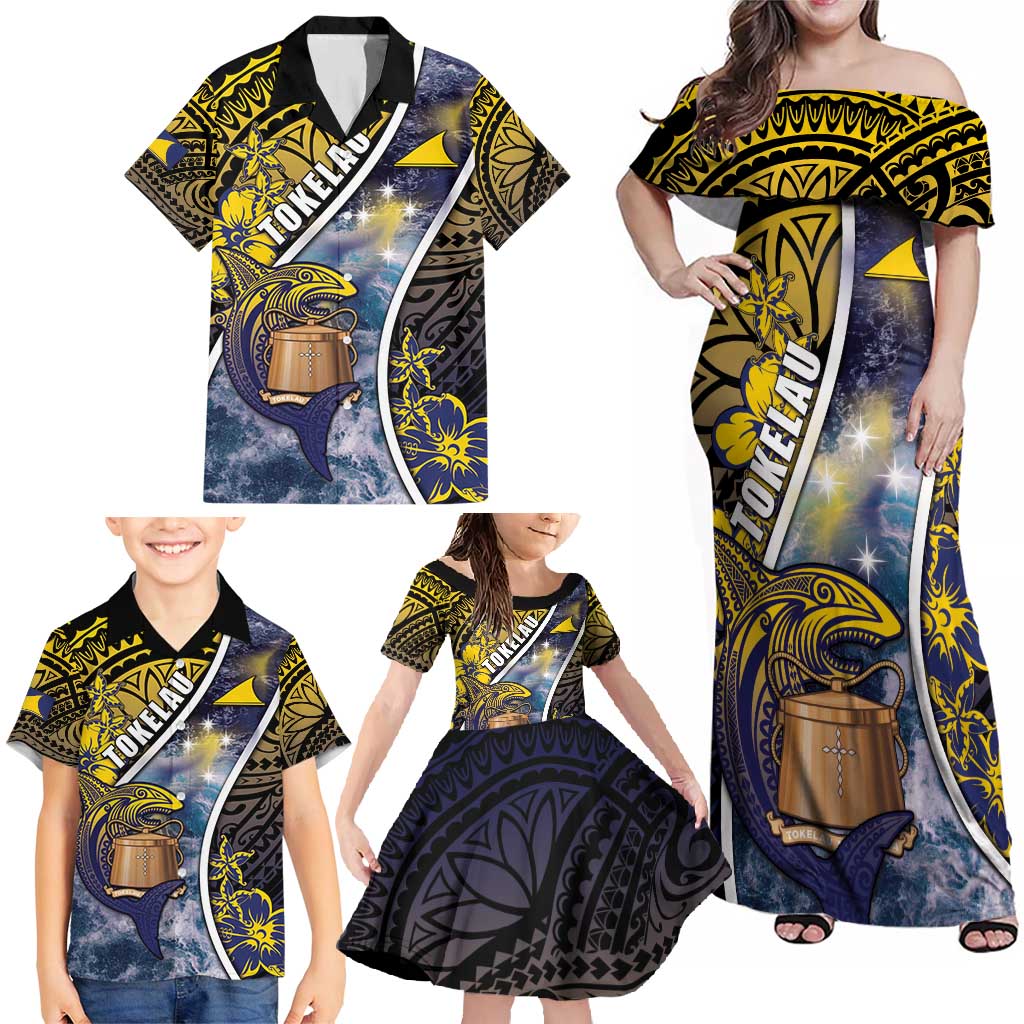 Personalised Tokelau Family Matching Off Shoulder Maxi Dress and Hawaiian Shirt National Badge Waves Style