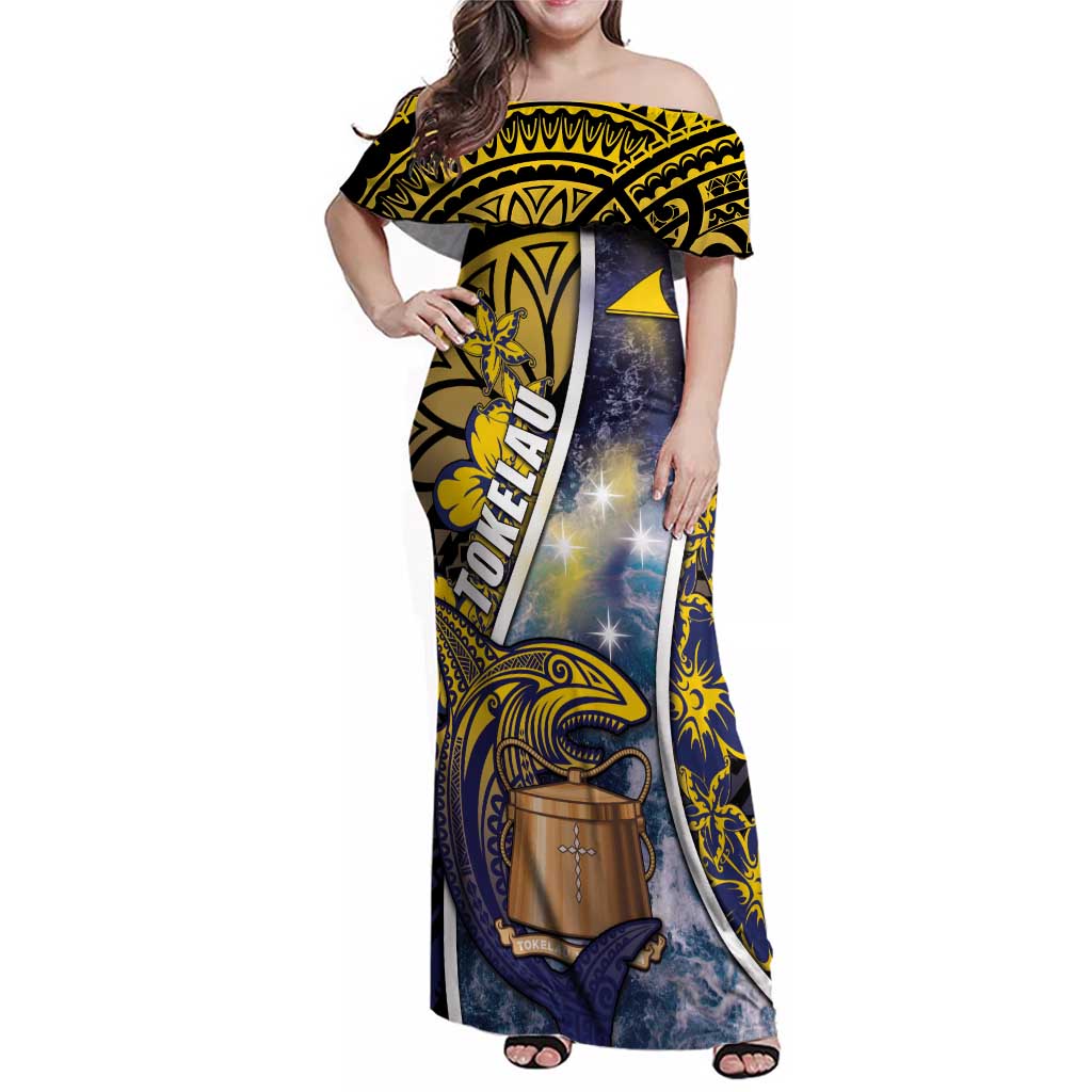 Personalised Tokelau Family Matching Off Shoulder Maxi Dress and Hawaiian Shirt National Badge Waves Style