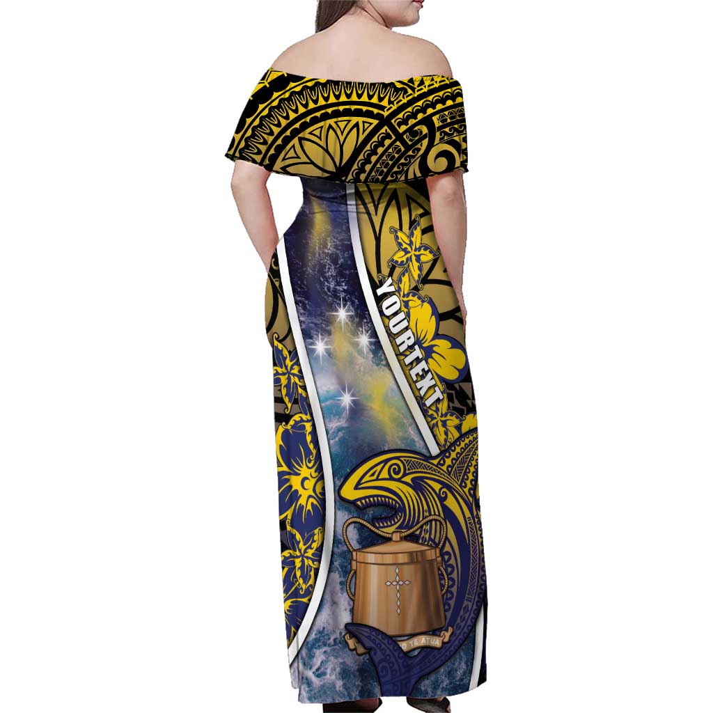 Personalised Tokelau Family Matching Off Shoulder Maxi Dress and Hawaiian Shirt National Badge Waves Style