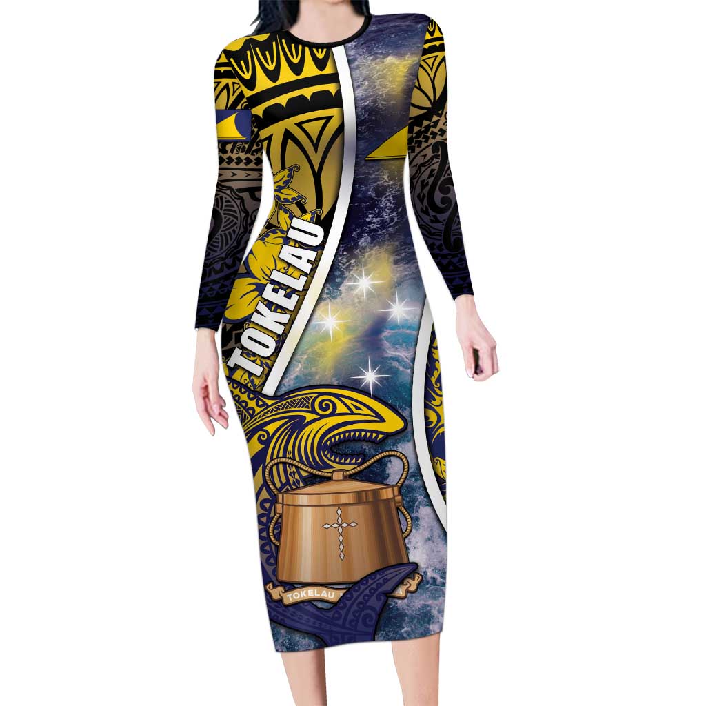 Personalised Tokelau Long Sleeve Bodycon Dress National Badge Waves Style