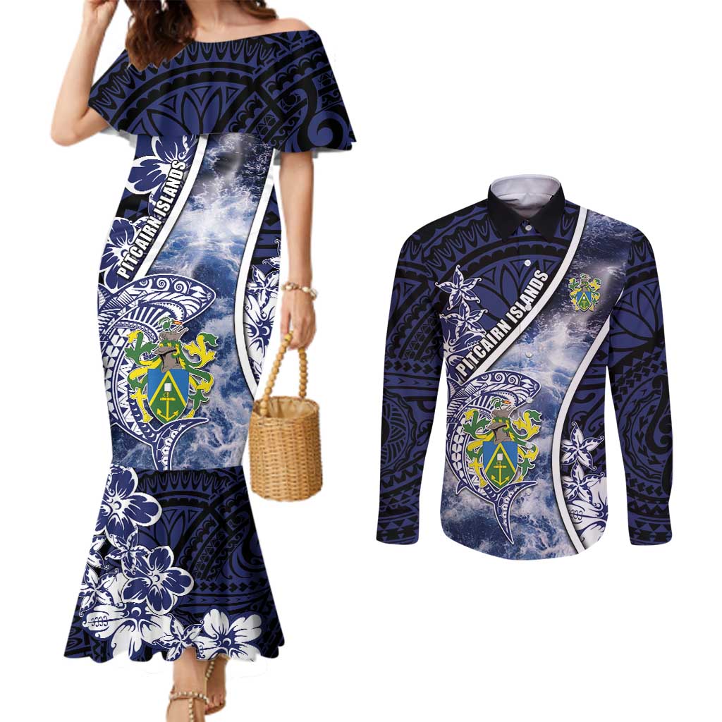 Personalised Pitcairn Islands Couples Matching Mermaid Dress and Long Sleeve Button Shirt Coat Of Arms Waves Style