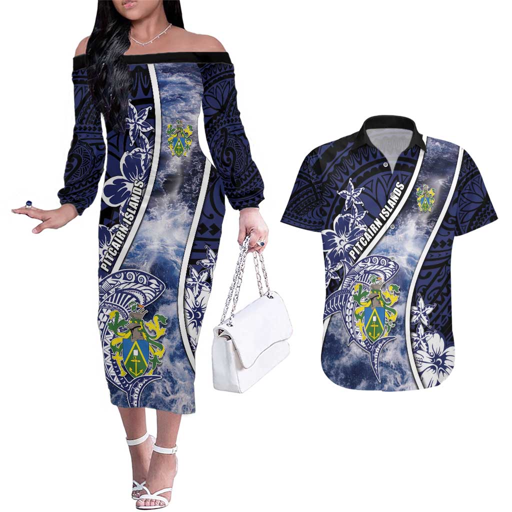 Personalised Pitcairn Islands Couples Matching Off The Shoulder Long Sleeve Dress and Hawaiian Shirt Coat Of Arms Waves Style