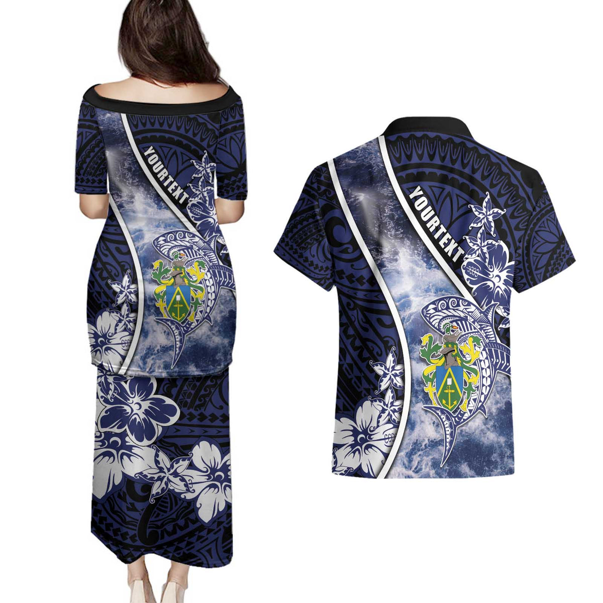 Personalised Pitcairn Islands Couples Matching Puletasi and Hawaiian Shirt Coat Of Arms Waves Style