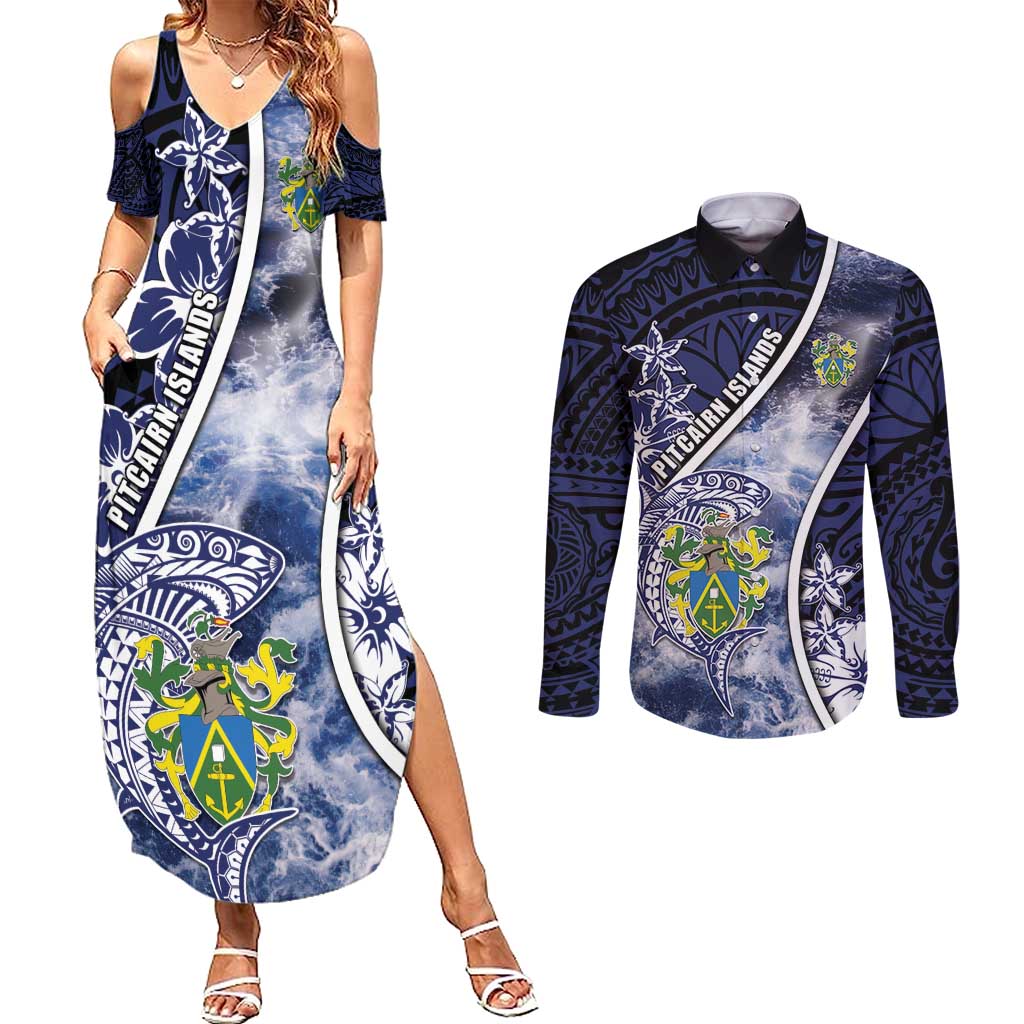 Personalised Pitcairn Islands Couples Matching Summer Maxi Dress and Long Sleeve Button Shirt Coat Of Arms Waves Style DT05 Navy - Polynesian Pride