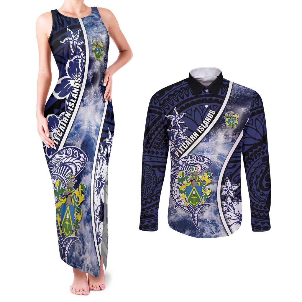 Personalised Pitcairn Islands Couples Matching Tank Maxi Dress and Long Sleeve Button Shirt Coat Of Arms Waves Style DT05 Navy - Polynesian Pride
