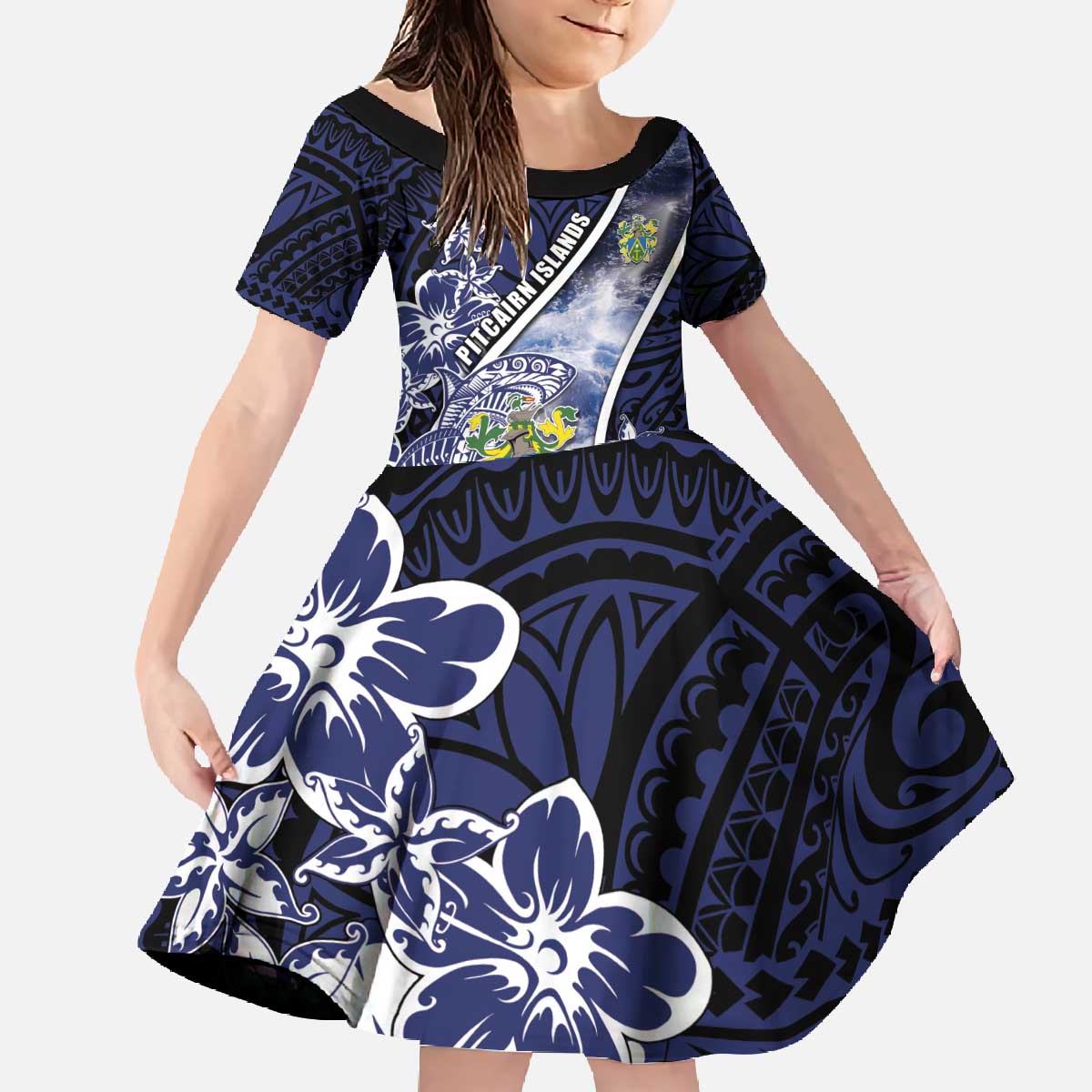 Personalised Pitcairn Islands Family Matching Off The Shoulder Long Sleeve Dress and Hawaiian Shirt Coat Of Arms Waves Style