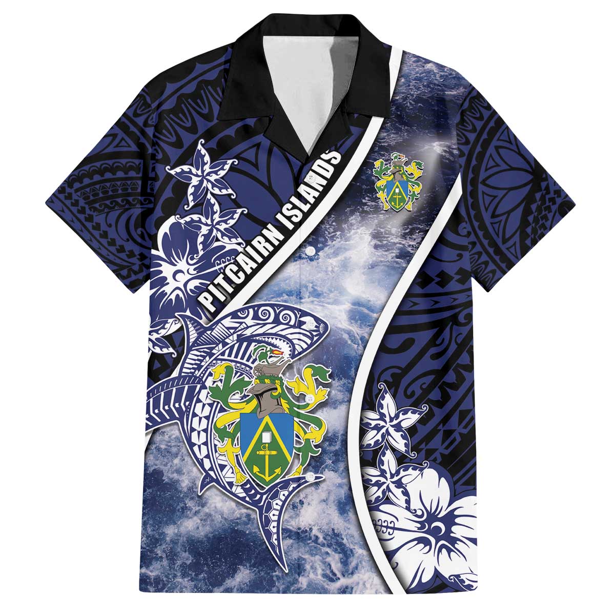 Personalised Pitcairn Islands Family Matching Off The Shoulder Long Sleeve Dress and Hawaiian Shirt Coat Of Arms Waves Style