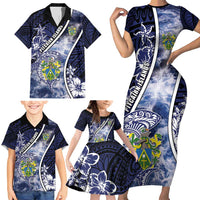 Personalised Pitcairn Islands Family Matching Short Sleeve Bodycon Dress and Hawaiian Shirt Coat Of Arms Waves Style