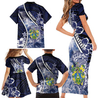 Personalised Pitcairn Islands Family Matching Short Sleeve Bodycon Dress and Hawaiian Shirt Coat Of Arms Waves Style