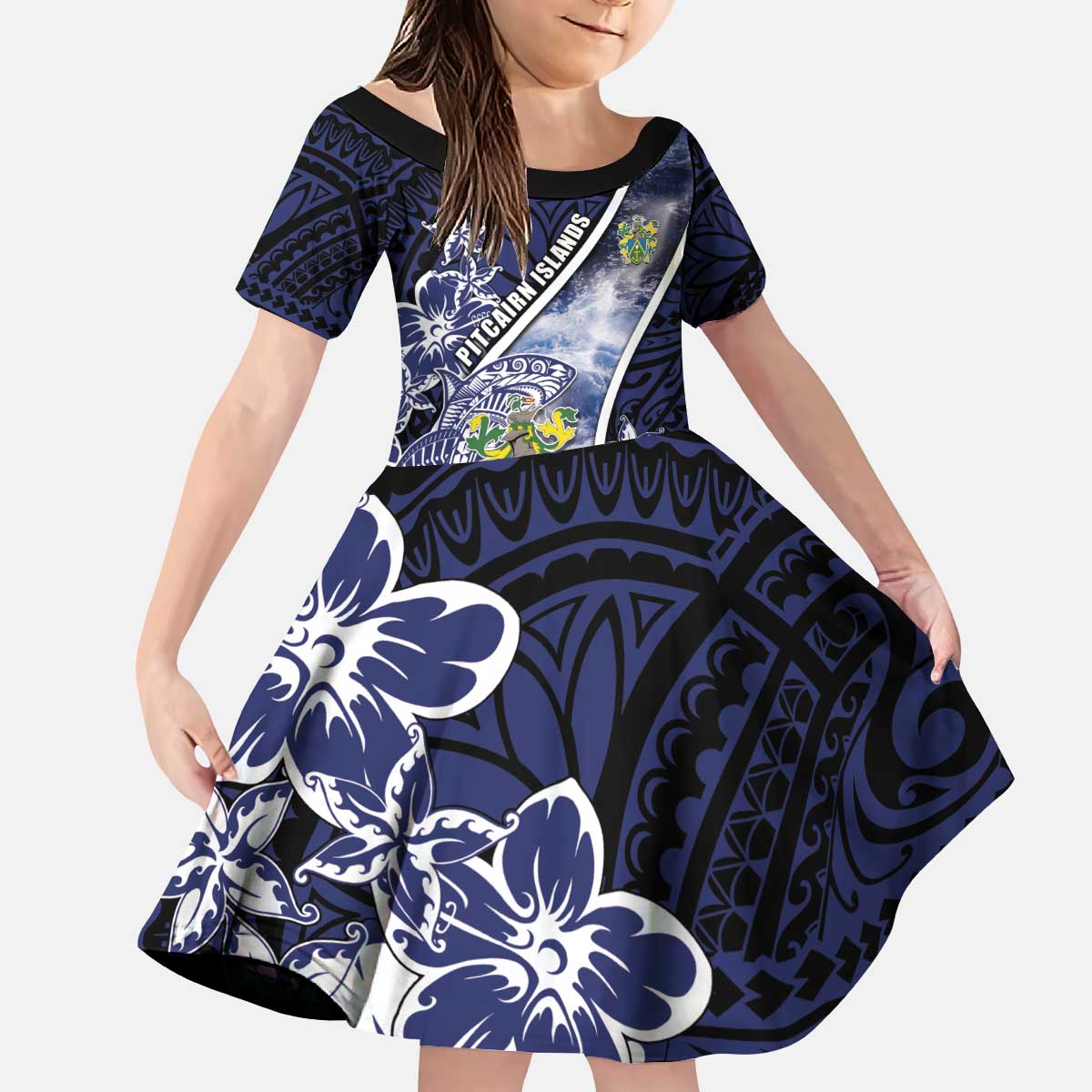 Personalised Pitcairn Islands Kid Short Sleeve Dress Coat Of Arms Waves Style DT05 KID Navy - Polynesian Pride