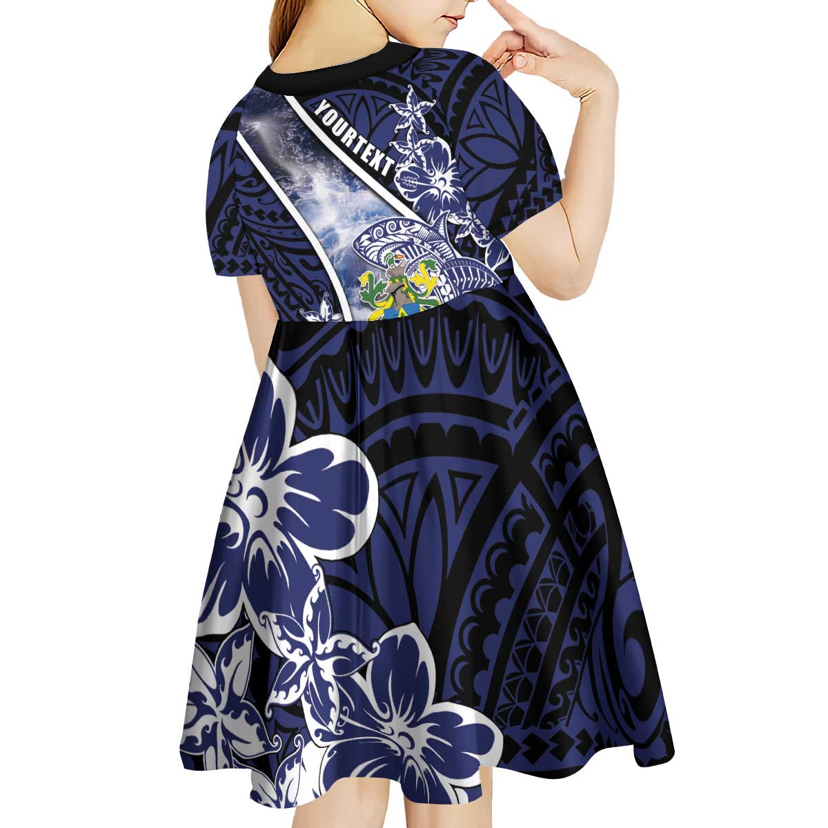 Personalised Pitcairn Islands Kid Short Sleeve Dress Coat Of Arms Waves Style DT05 - Polynesian Pride