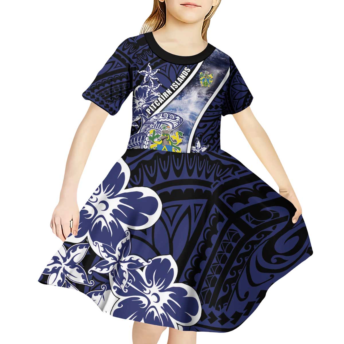 Personalised Pitcairn Islands Kid Short Sleeve Dress Coat Of Arms Waves Style DT05 - Polynesian Pride
