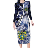 Personalised Pitcairn Islands Long Sleeve Bodycon Dress Coat Of Arms Waves Style