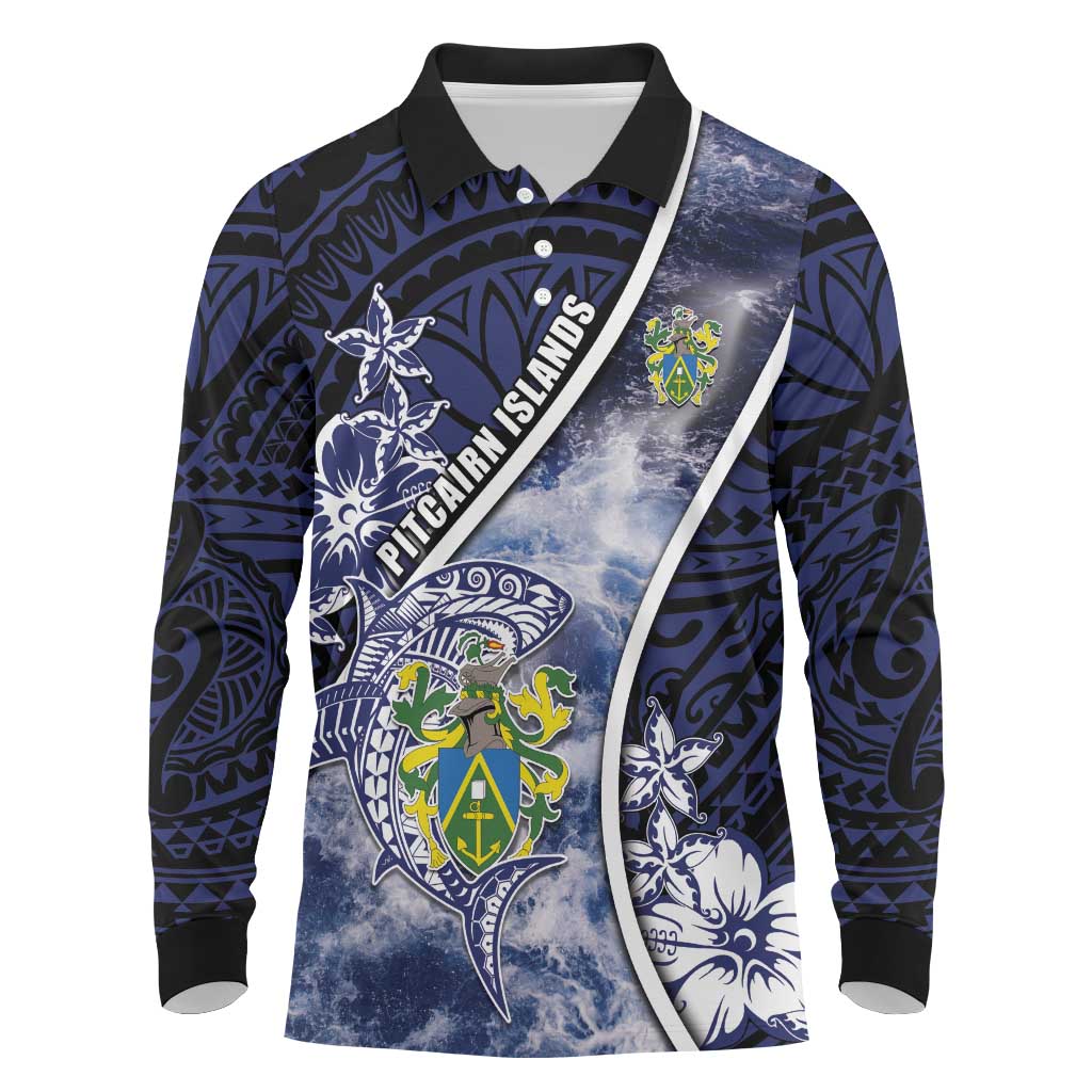 Personalised Pitcairn Islands Long Sleeve Polo Shirt Coat Of Arms Waves Style DT05 Navy - Polynesian Pride