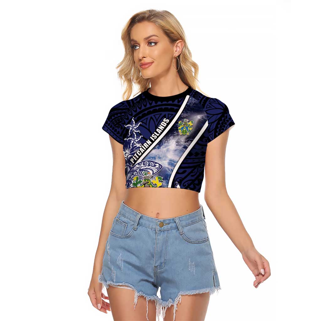 Personalised Pitcairn Islands Raglan Cropped T Shirt Coat Of Arms Waves Style DT05 Female Navy - Polynesian Pride