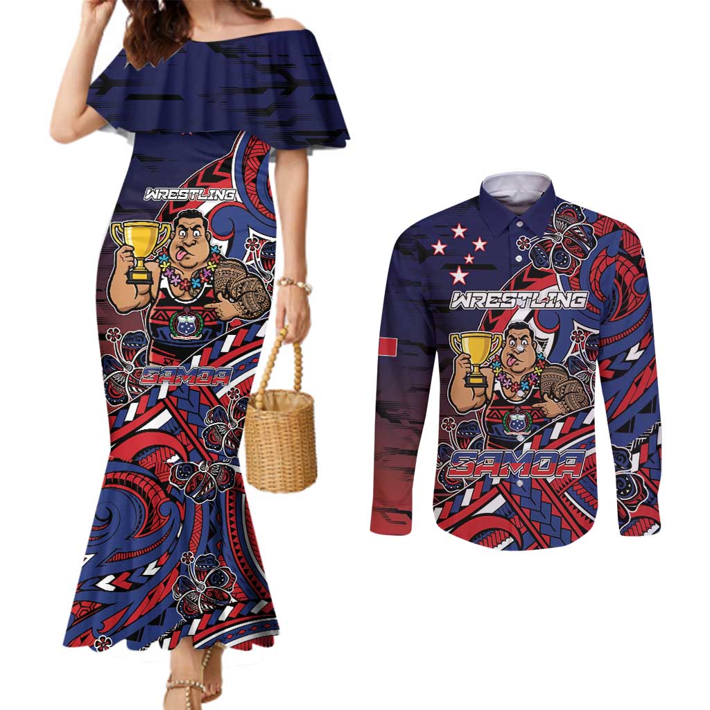 Personalised Samoa Wrestling Couples Matching Mermaid Dress and Long Sleeve Button Shirt Polynesian Warrior Funny Style - Polynesian Pride