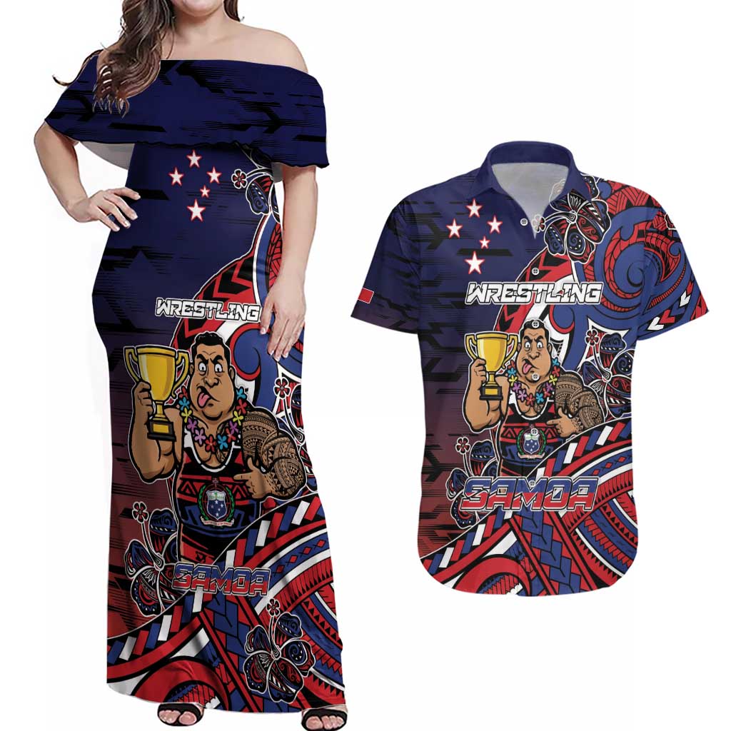 Personalised Samoa Wrestling Couples Matching Off Shoulder Maxi Dress and Hawaiian Shirt Polynesian Warrior Funny Style - Polynesian Pride