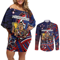 Personalised Samoa Wrestling Couples Matching Off Shoulder Short Dress and Long Sleeve Button Shirt Polynesian Warrior Funny Style DT05 Navy - Polynesian Pride