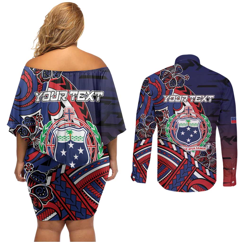 Personalised Samoa Wrestling Couples Matching Off Shoulder Short Dress and Long Sleeve Button Shirt Polynesian Warrior Funny Style DT05 - Polynesian Pride