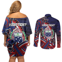Personalised Samoa Wrestling Couples Matching Off Shoulder Short Dress and Long Sleeve Button Shirt Polynesian Warrior Funny Style DT05 - Polynesian Pride