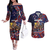 Personalised Samoa Wrestling Couples Matching Off The Shoulder Long Sleeve Dress and Hawaiian Shirt Polynesian Warrior Funny Style DT05 Navy - Polynesian Pride