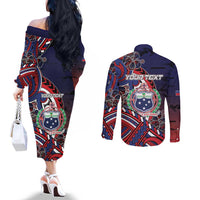 Personalised Samoa Wrestling Couples Matching Off The Shoulder Long Sleeve Dress and Long Sleeve Button Shirt Polynesian Warrior Funny Style DT05 - Polynesian Pride