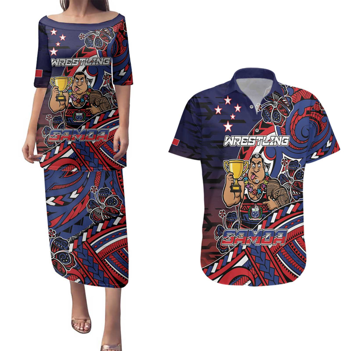 Personalised Samoa Wrestling Couples Matching Puletasi and Hawaiian Shirt Polynesian Warrior Funny Style DT05 Navy - Polynesian Pride