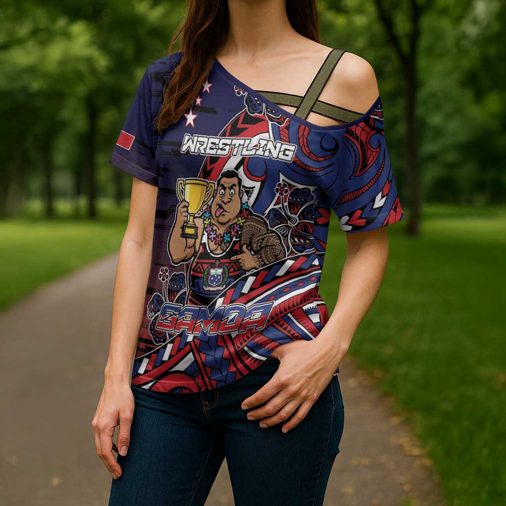Personalised Samoa Wrestling Cross Shoulder Shirt Polynesian Warrior Funny Style - Polynesian Pride