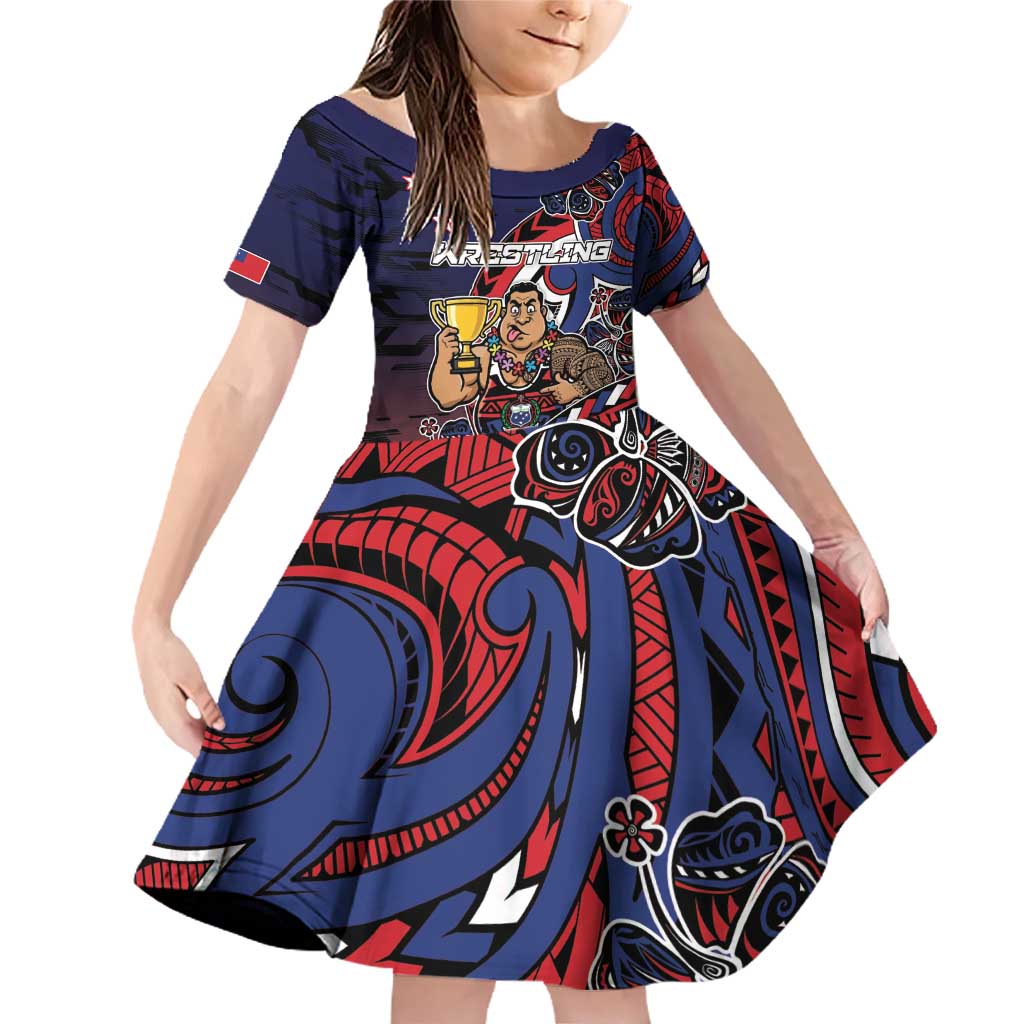 Personalised Samoa Wrestling Family Matching Off Shoulder Short Dress and Hawaiian Shirt Polynesian Warrior Funny Style DT05 Daughter's Dress Navy - Polynesian Pride