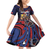 Personalised Samoa Wrestling Family Matching Off Shoulder Short Dress and Hawaiian Shirt Polynesian Warrior Funny Style DT05 Daughter's Dress Navy - Polynesian Pride
