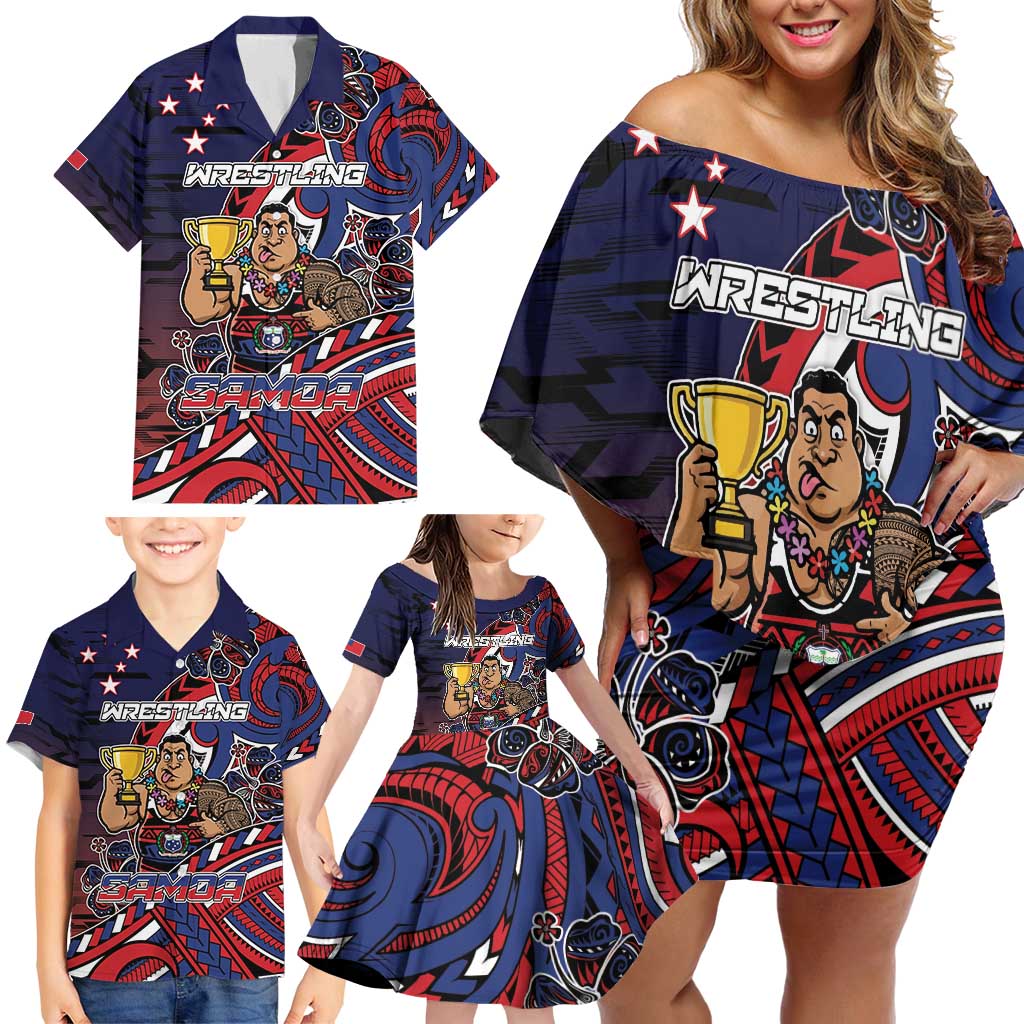 Personalised Samoa Wrestling Family Matching Off Shoulder Short Dress and Hawaiian Shirt Polynesian Warrior Funny Style DT05 - Polynesian Pride