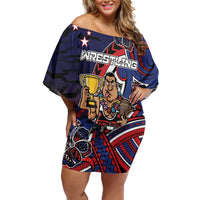 Personalised Samoa Wrestling Family Matching Off Shoulder Short Dress and Hawaiian Shirt Polynesian Warrior Funny Style DT05 Mom's Dress Navy - Polynesian Pride