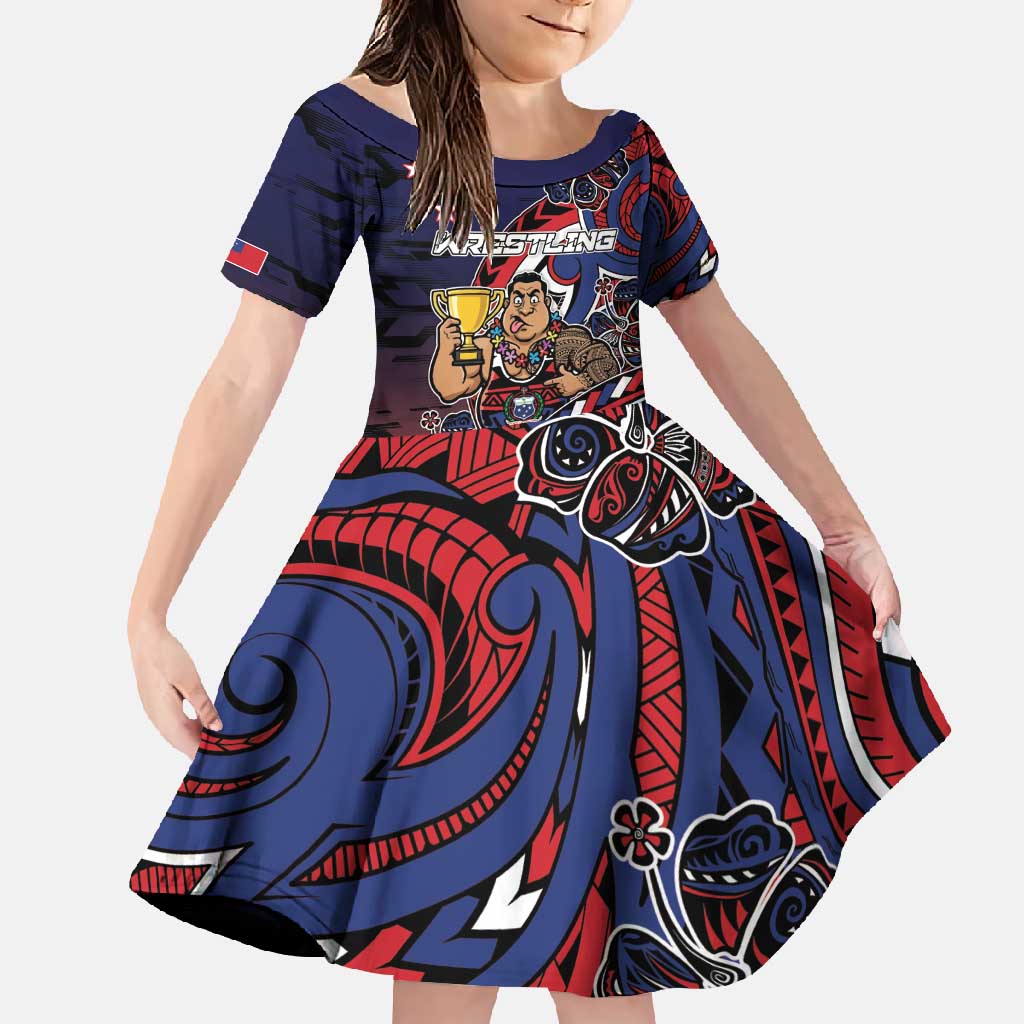Personalised Samoa Wrestling Family Matching Short Sleeve Bodycon Dress and Hawaiian Shirt Polynesian Warrior Funny Style DT05 Daughter's Dress Navy - Polynesian Pride