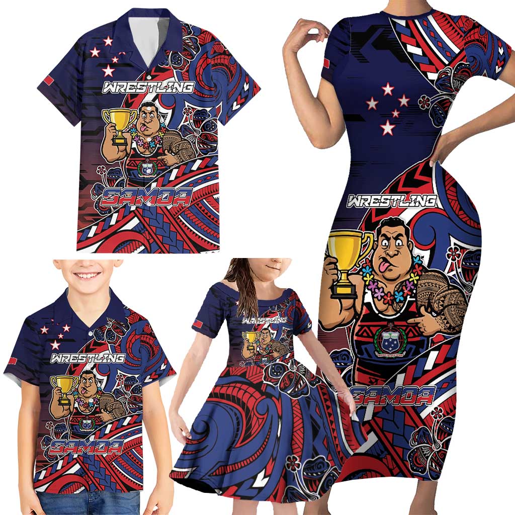 Personalised Samoa Wrestling Family Matching Short Sleeve Bodycon Dress and Hawaiian Shirt Polynesian Warrior Funny Style DT05 - Polynesian Pride