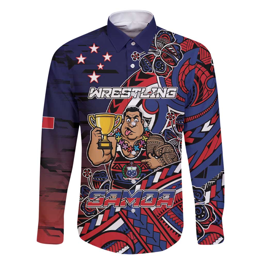 Personalised Samoa Wrestling Family Matching Short Sleeve Bodycon Dress and Hawaiian Shirt Polynesian Warrior Funny Style DT05 Dad's Shirt - Long Sleeve Navy - Polynesian Pride